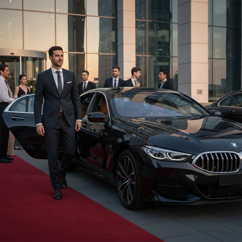 A business man flexing in Luxury Car Rental