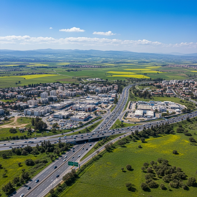 Aerial view of Afula city and surrounding fields in northern Israel