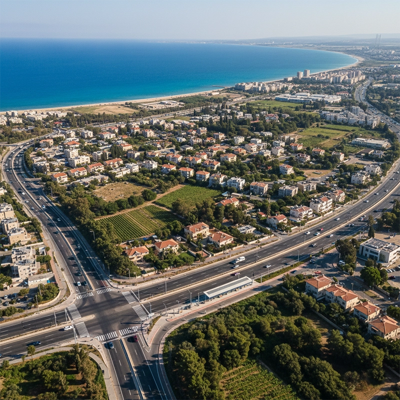 Aerial view of Binyamina city and surrounding vineyards in Israel