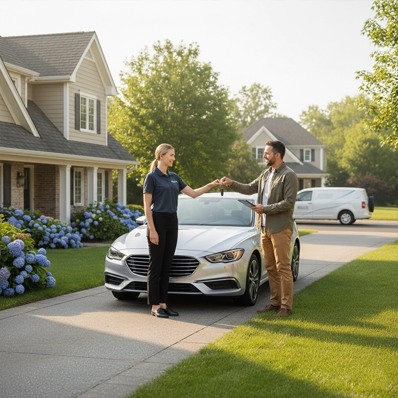 Agent delivering the car rental to home