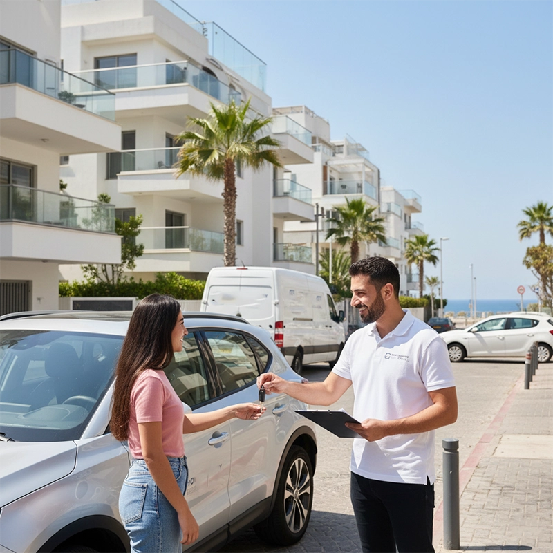 Car4Hire car rental home delivery service in Tel Aviv, customer receiving rental car at residential building