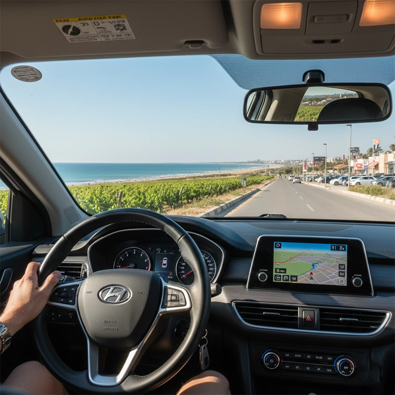 Driving rental car in Binyamina near coastal highway