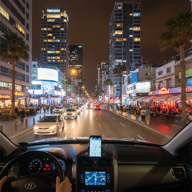 Driving rental car at night in Tel Aviv city center with Car4Hire Israel