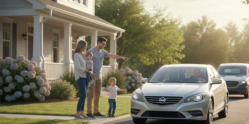 A small family getting their car rental delivery to home
