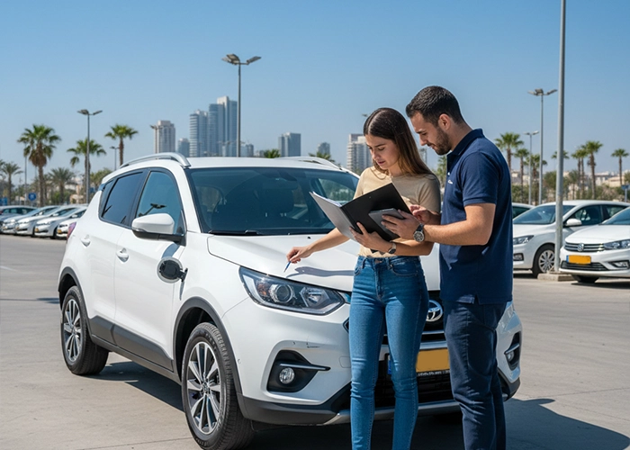 Customer inspecting rental car before pickup in Beer Sheva