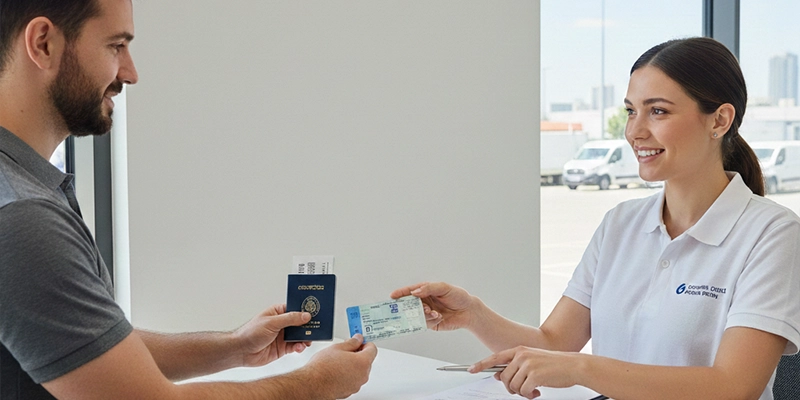 Customer giving all his documents to rent a commercial vehicle