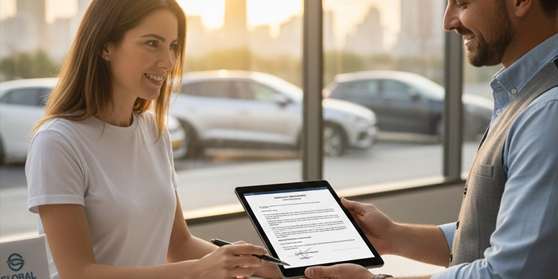 A customer signing a contract for monthly car rental