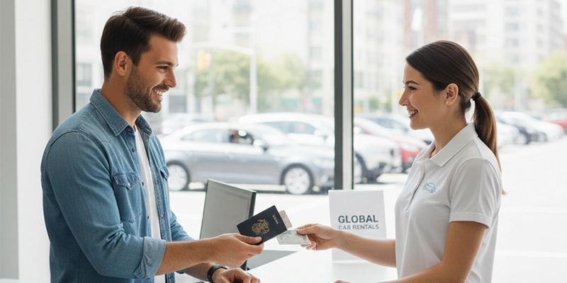 Customer giving documents to rent a car for a day