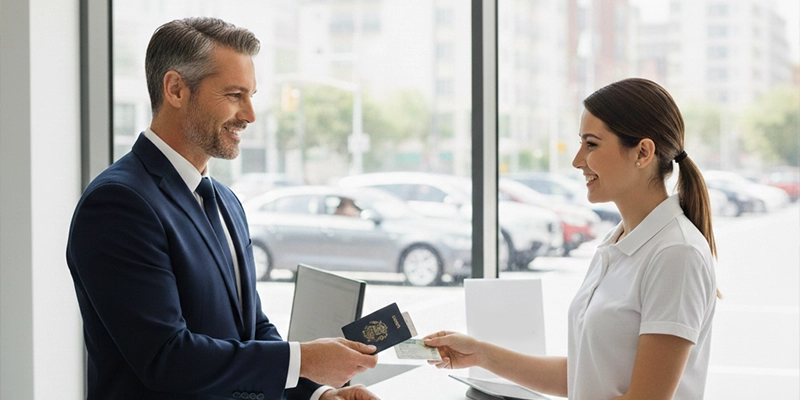 Customer providing all necessary documents to rent a car for week