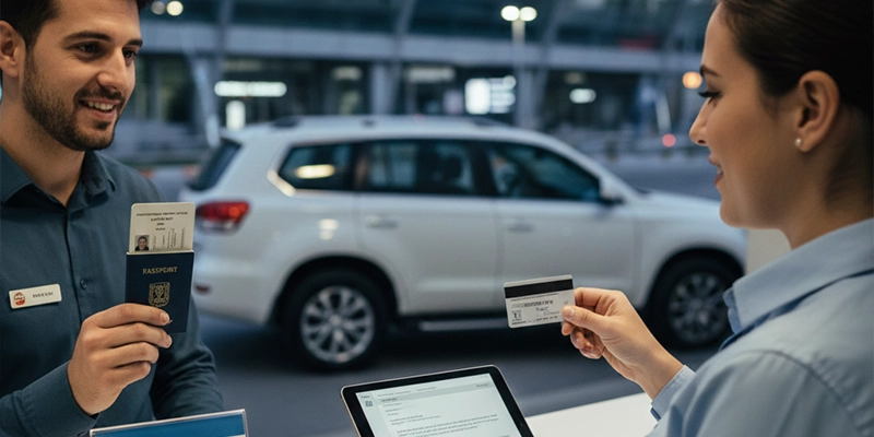 Customer giving his passport and credit card to rent a car at airport