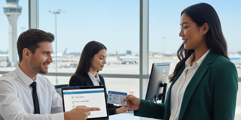 Customer giving required documents to rent a car