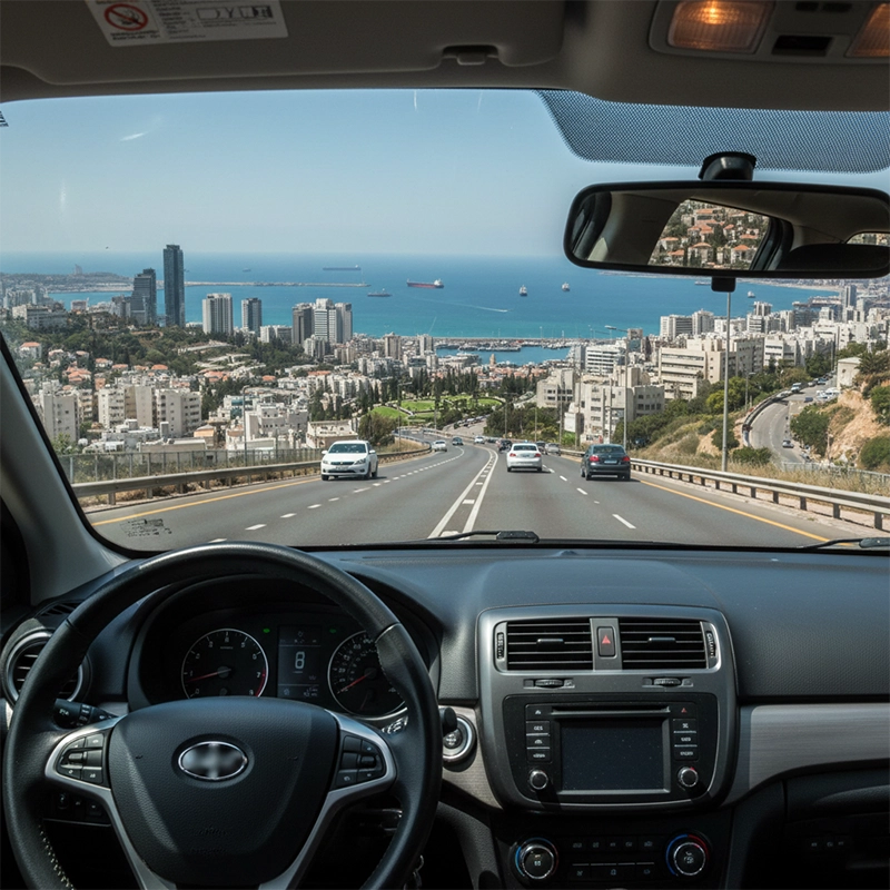 Driving rental car through Haifa coastal roads with city view