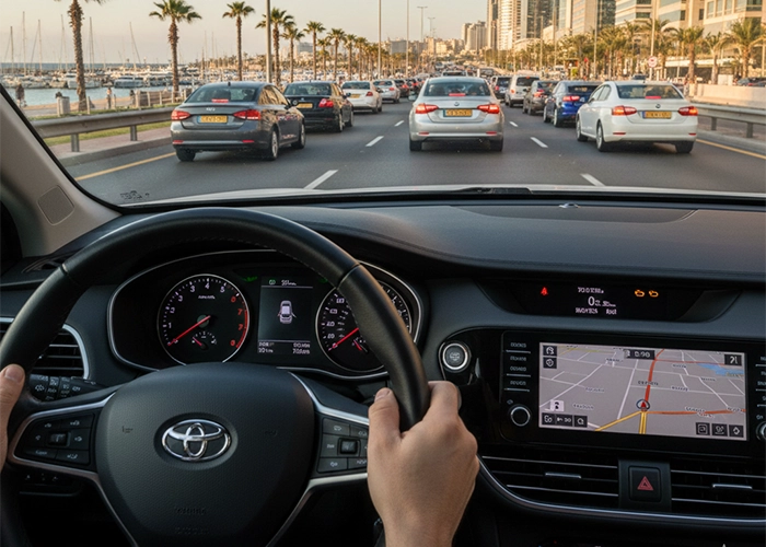 Driving rental car along Herzliya coastal road with city skyline view