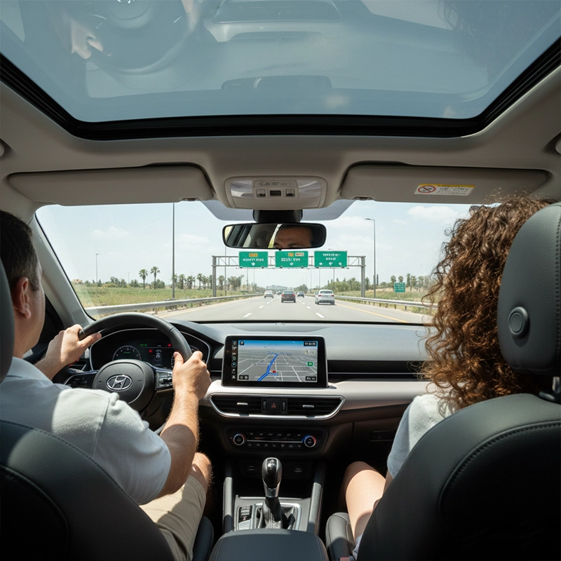 Driving rental car through local roads in Pardes Hanna