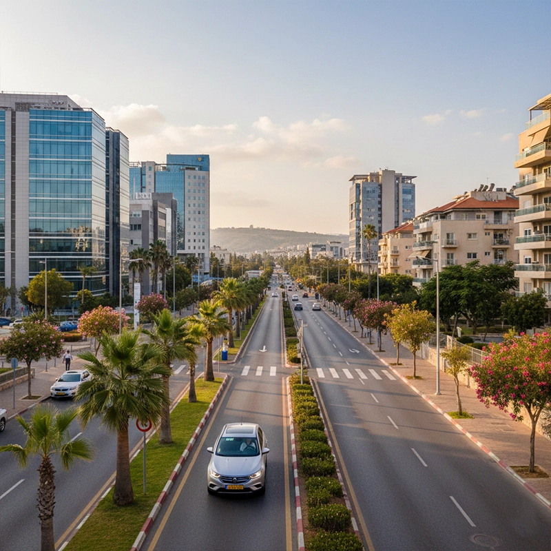 Driving through main boulevard in Raanana with rental car