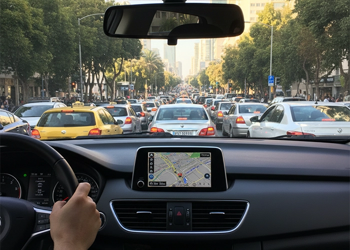 Driving a Car4Hire rental car through busy streets of Tel Aviv during daytime traffic
