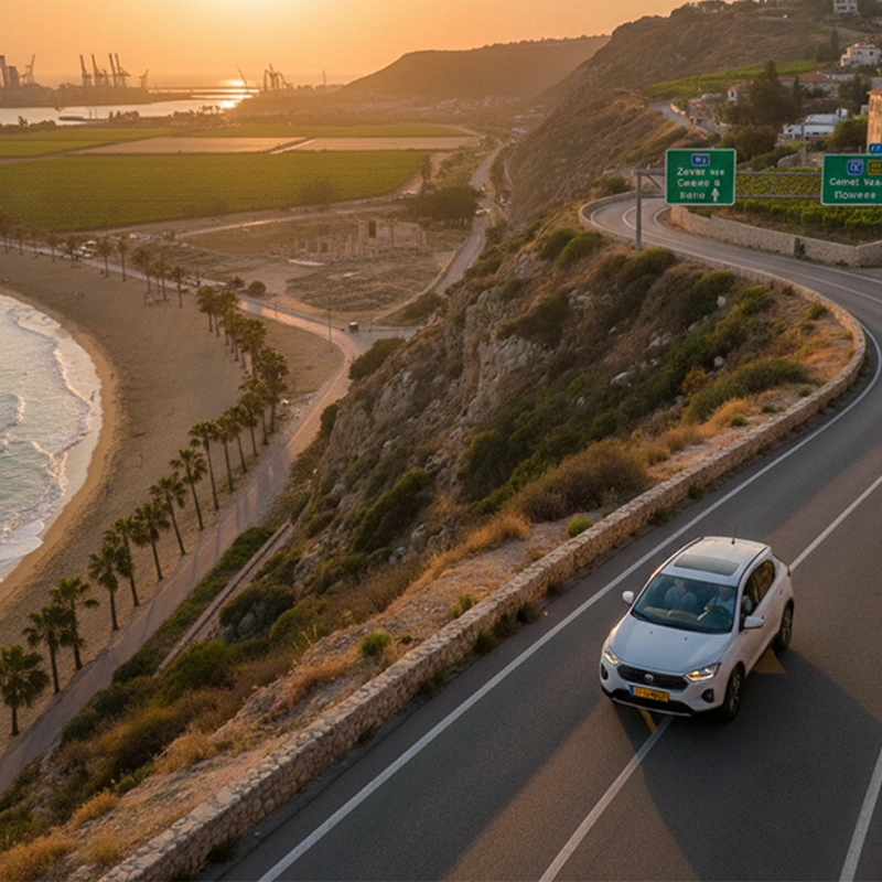 Driving rental car along coastal road near Zikhron Yaakov
