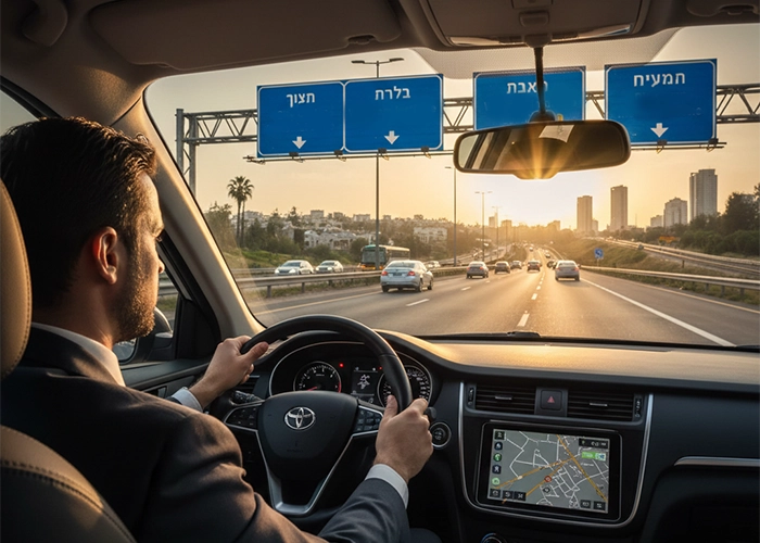 Driving rental car on main road in Rehovot during sunset