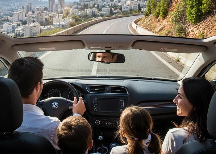 Family traveling in rental car in Haifa overlooking the Mediterranean coast