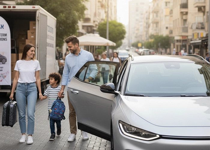 Family enjoying in a monthly rented car