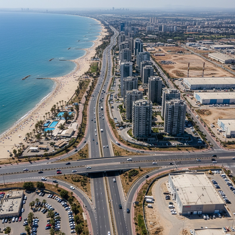 Aerial view of Hadera coastline and city skyline in Israel