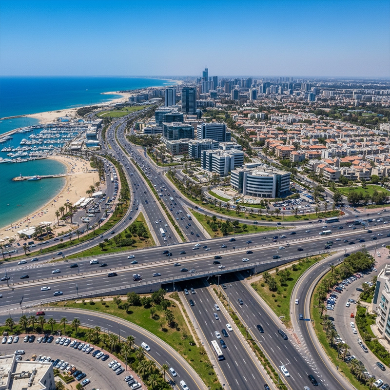 Aerial view of Herzliya coastline and city skyline in Israel