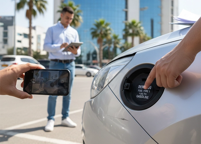Customer inspecting rental car condition before pickup in Raanana