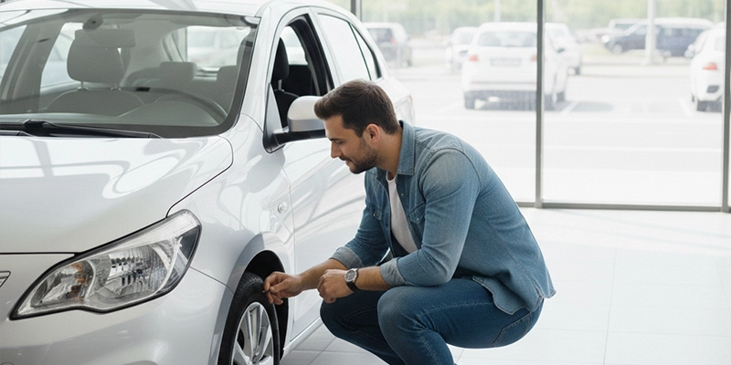 Customer inspecting a car for daily car rental