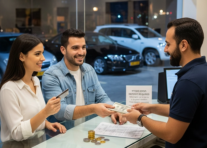 Customer inspecting rental car before payment in Ashdod