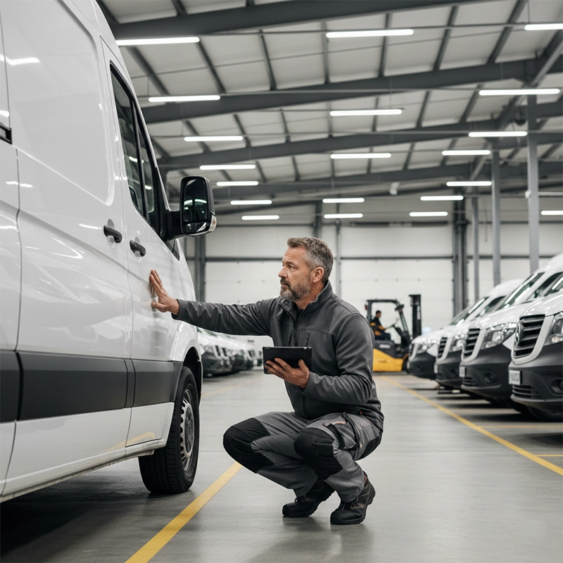 Mechanic Inspecting Commercial Vehicle before renting
