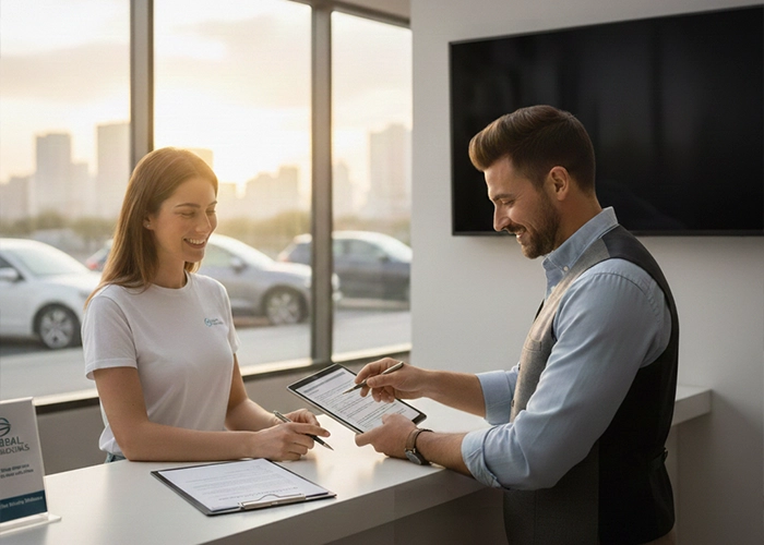 Agent explaining monthly car rental Insurance to customer