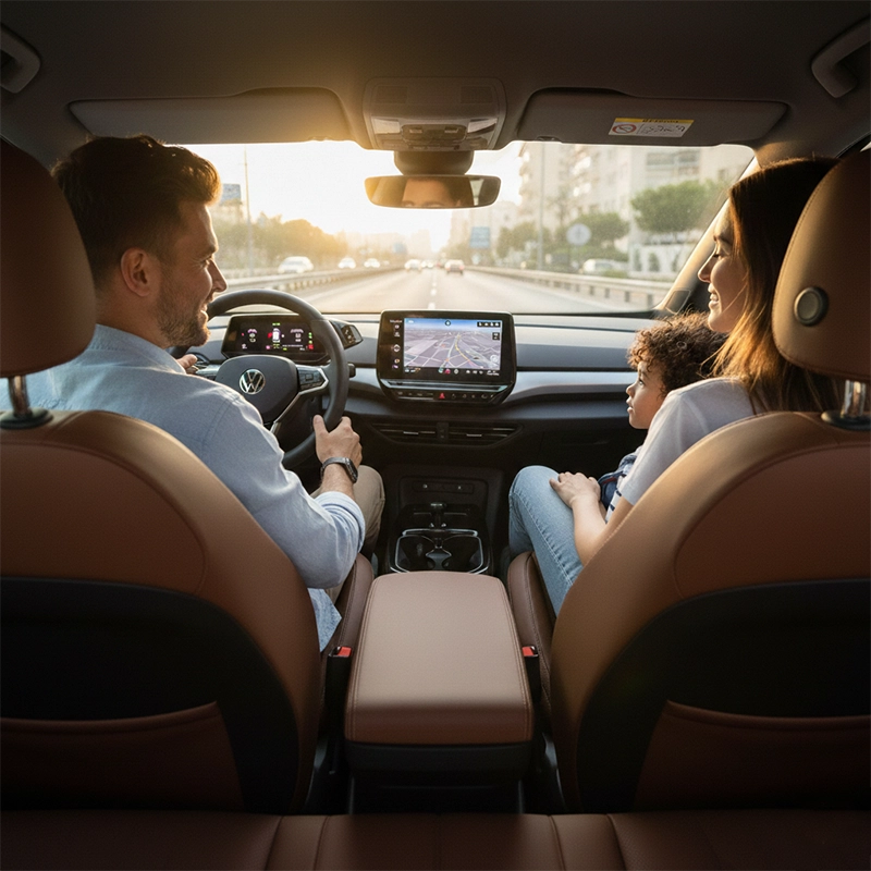 A family driving a car with baby in city