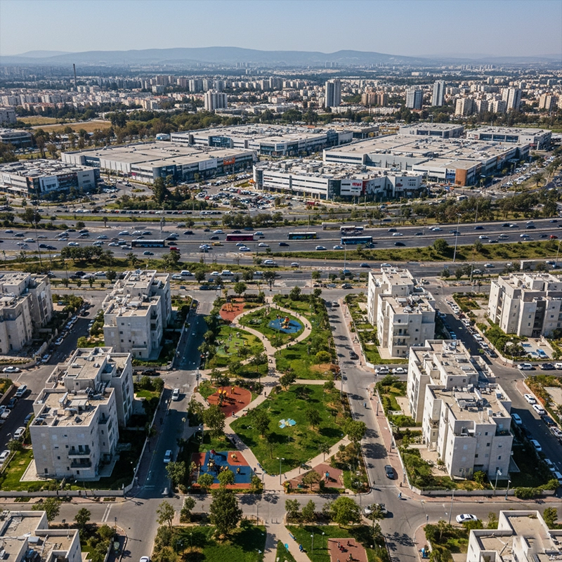 Aerial view of Ness Ziona city center and surrounding neighborhoods in Israel