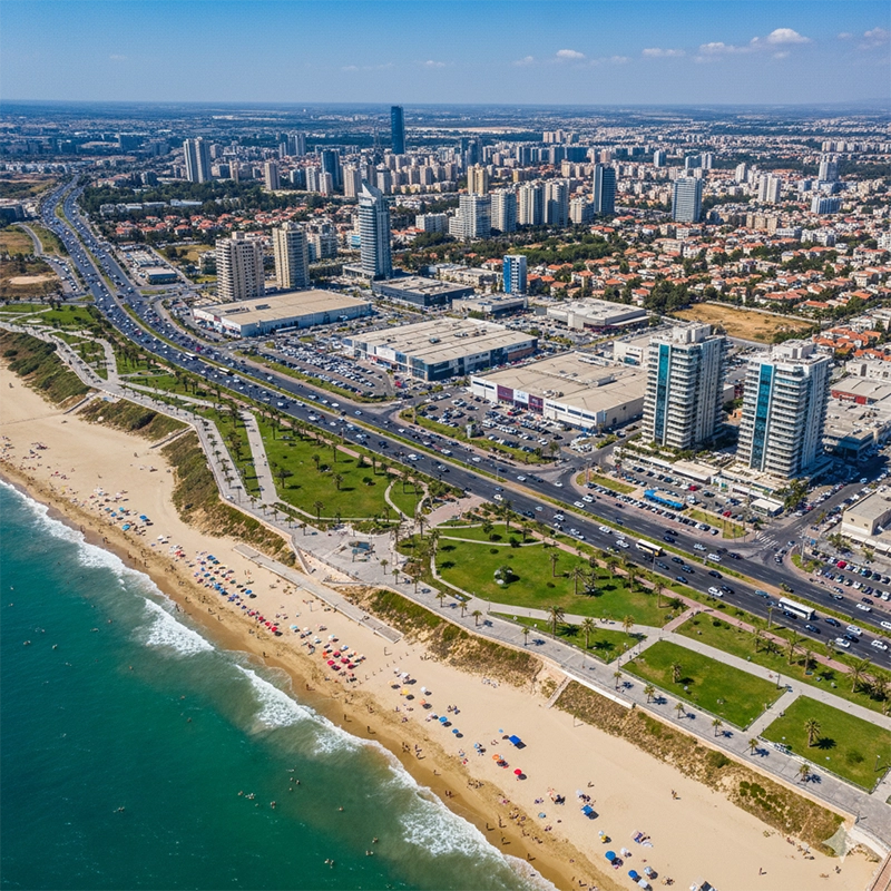 Aerial view of Netanya coastline and city skyline in Israel