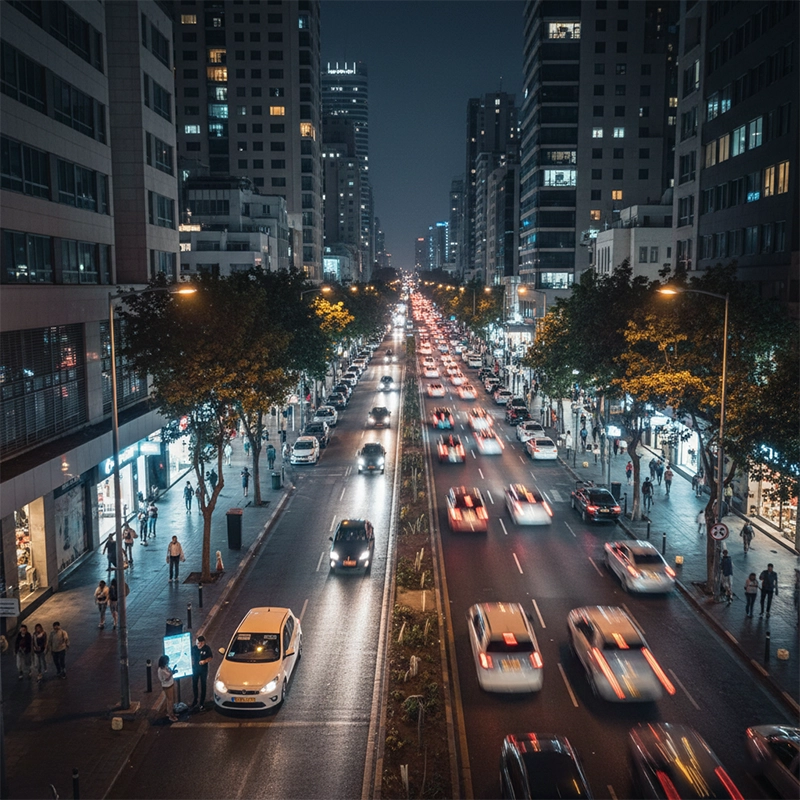 Night skyline of Tel Aviv city with illuminated streets and traffic