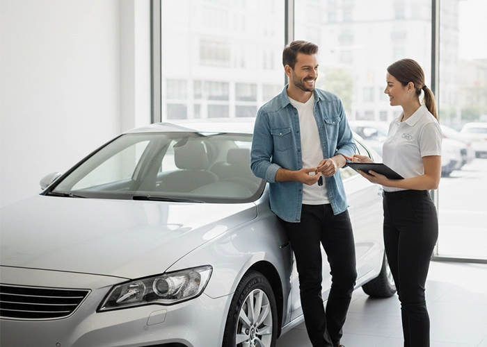 A customer picking up a rented car from branch