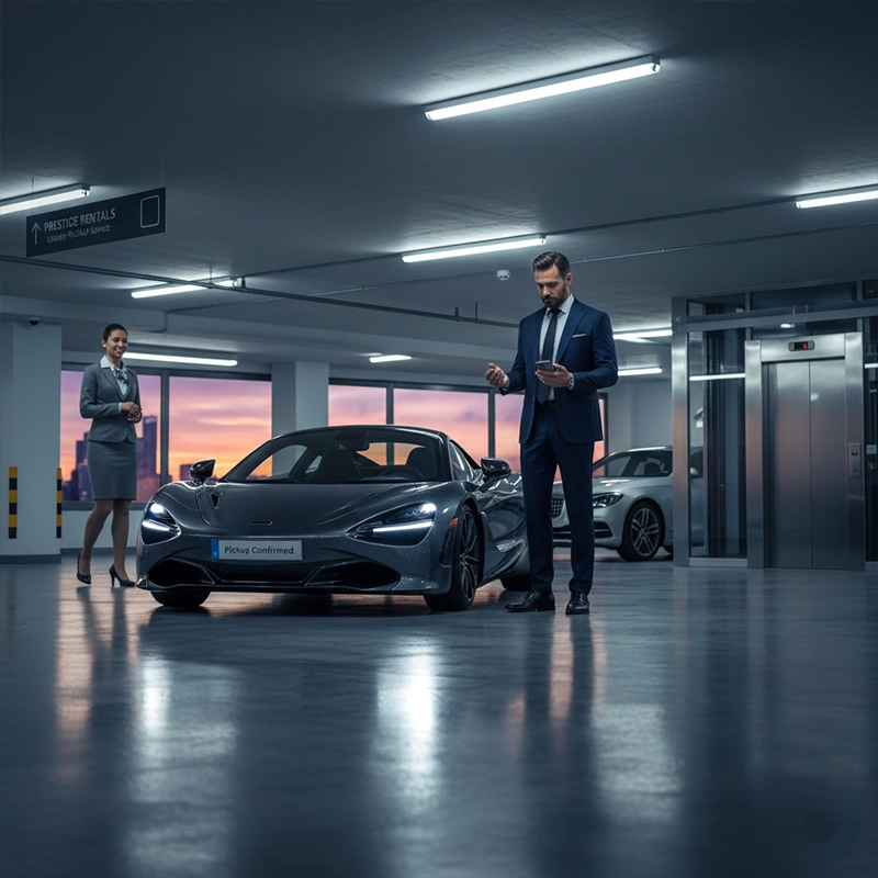 A customer picking up a luxury car rental from branch