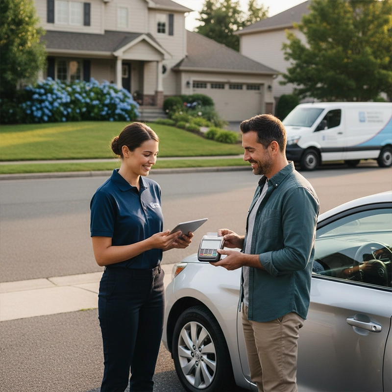Customer paying for car rental delivery to home