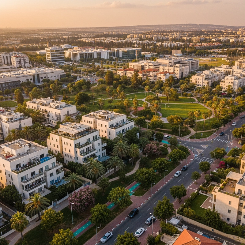 Aerial view of Raanana residential neighborhoods and green areas in Israel