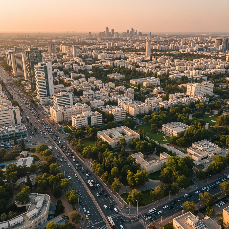 Aerial view of Rehovot city skyline and residential neighborhoods in Israel