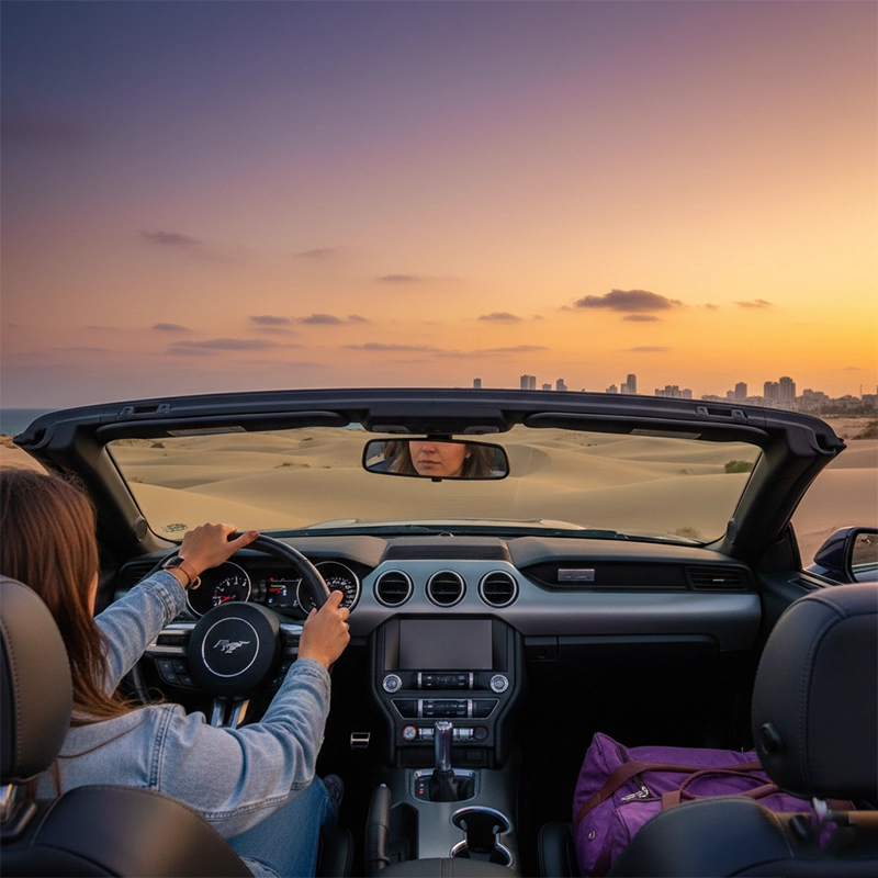 Driving rental car in Ashdod coastal road at sunset