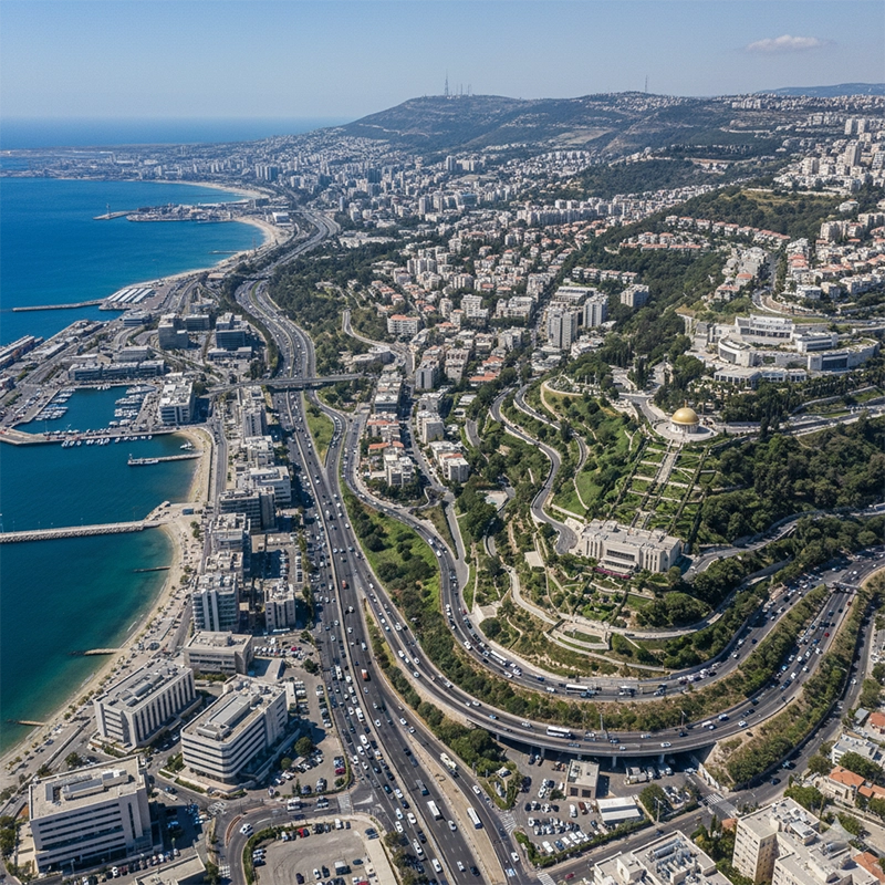Aerial view of Haifa coastline, port and residential neighborhoods in Israel