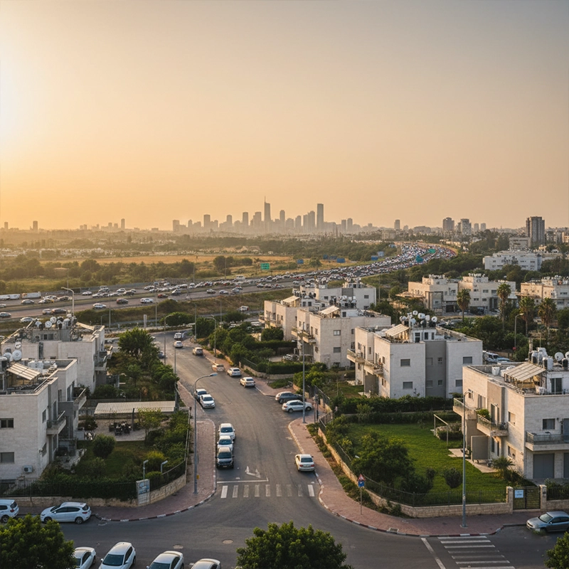 Aerial view of Kiryat Ekron neighborhoods and surrounding areas in Israel