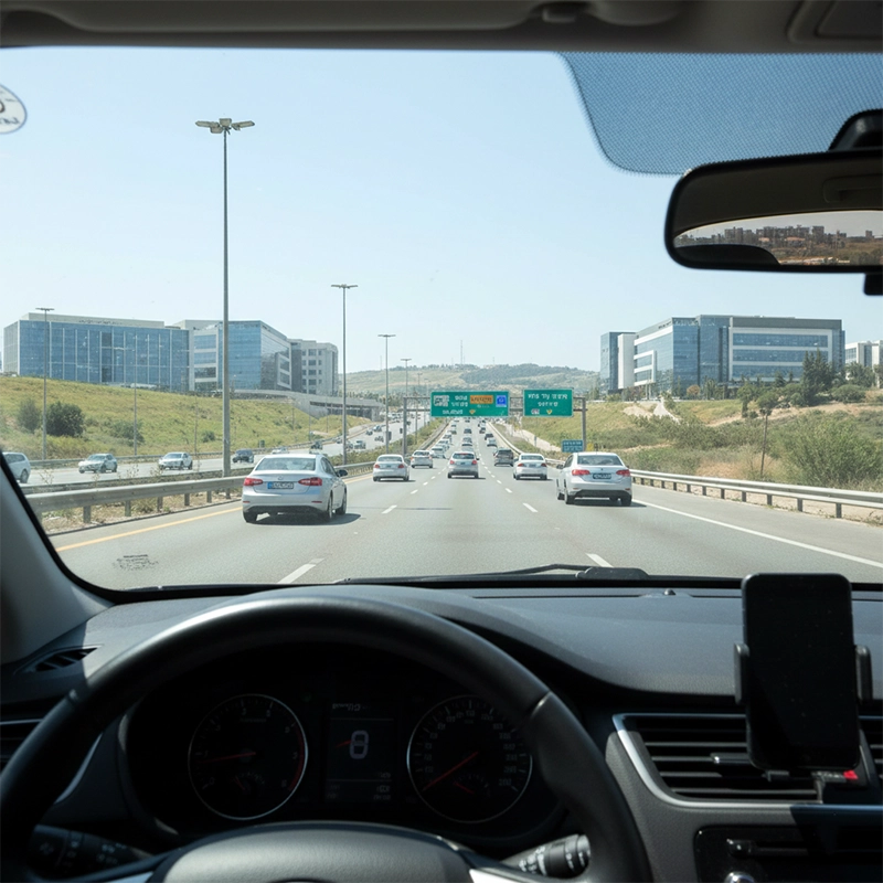 Driving on main highway near Yokneam with rental car
