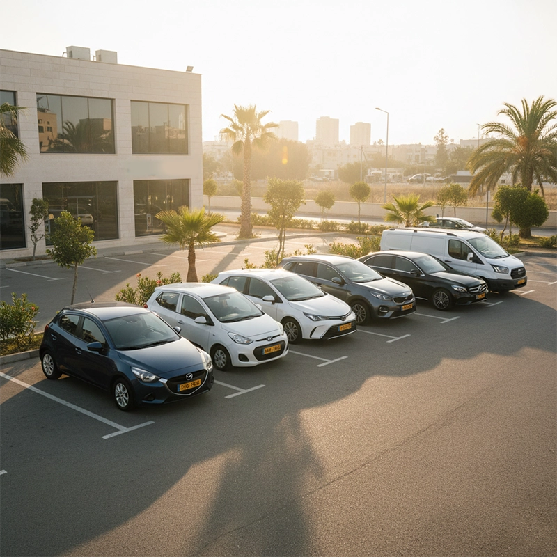 Rental car fleet in Rehovot including economy cars, SUVs and family vehicles