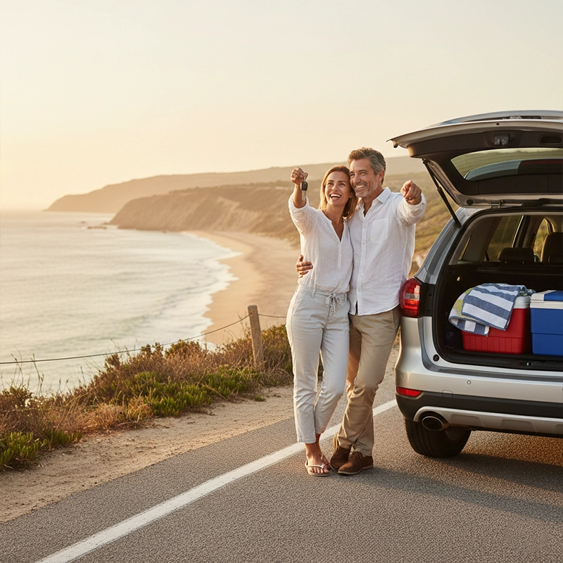 Couple enjoying on beach with car rental