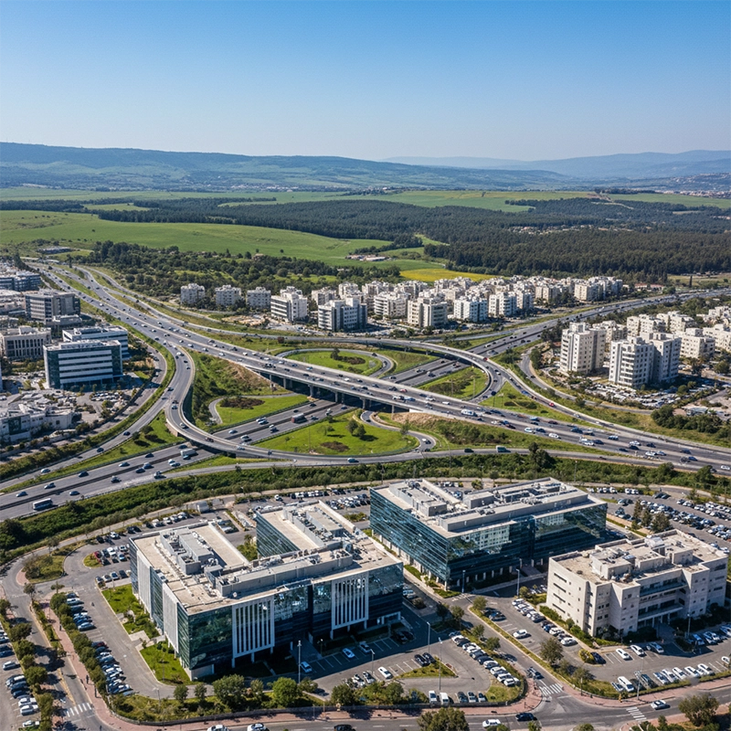 Aerial view of Yokneam city and surrounding green hills in northern Israel